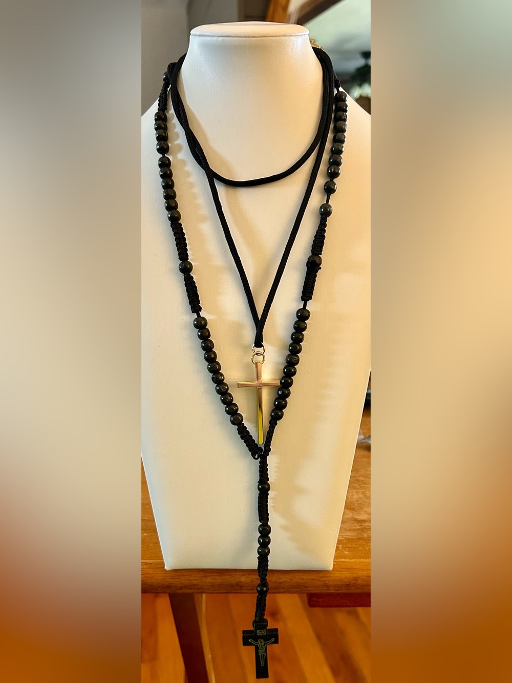 Set of 2 Cross Necklaces-Black Multi-Strand Beaded Cross/Gold Tone Cross on rope